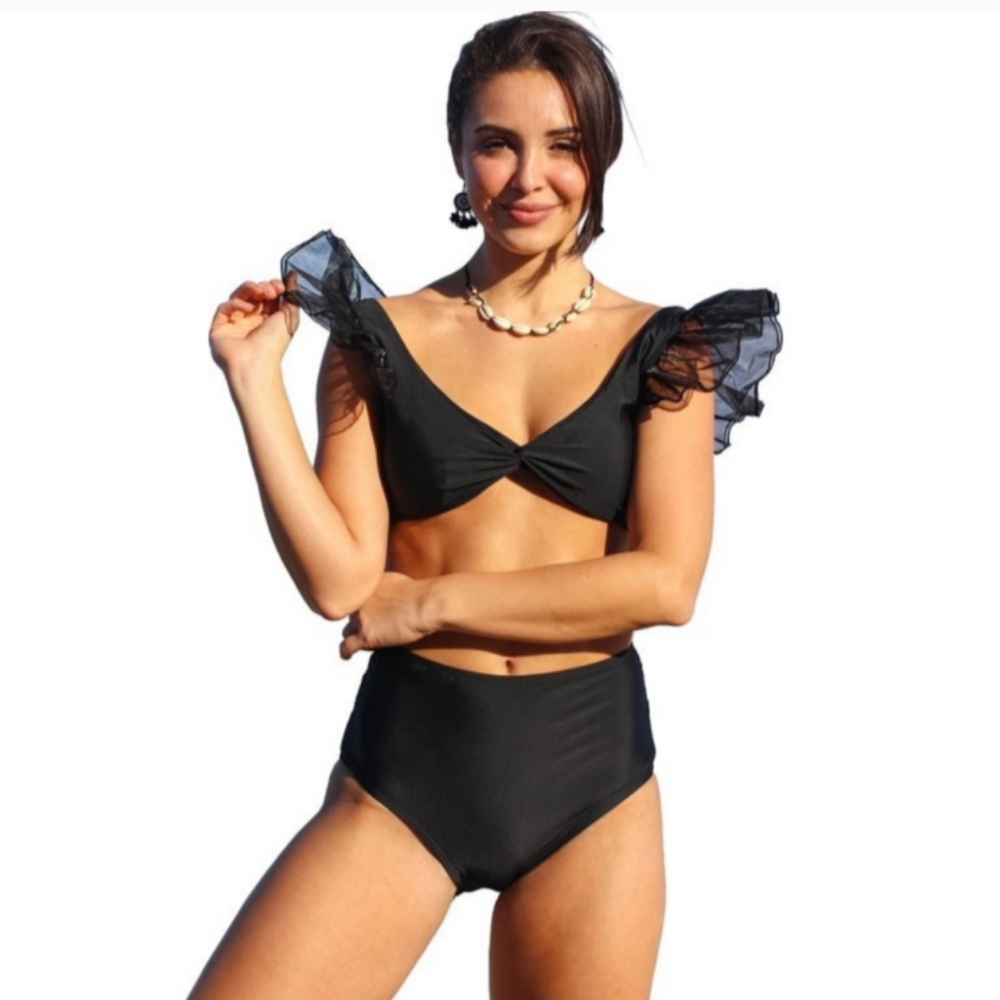SPORLIKE High Waisted Black Swimsuit Organza Ruffle Bikini Twist Front New